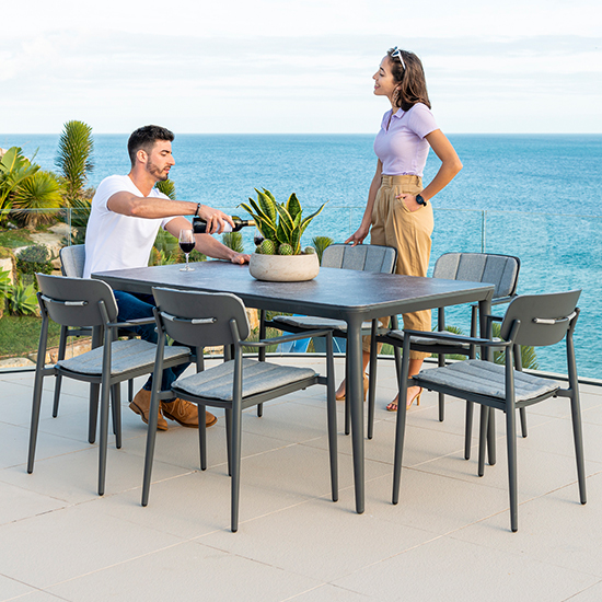 Rykon 1500mm Grey Ceramic Effect Glass Dining Table 6 Armchairs