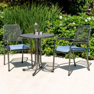 Prats Outdoor Metal Bistro Table With 2 Armchairs In Blue