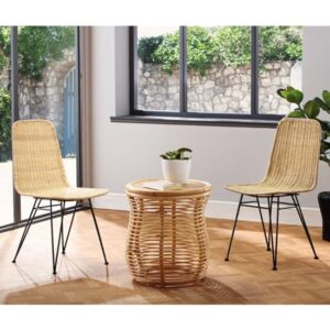 Rybnik Rattan Bistro Set In Natural With 2 Puqi Natural Dining Chairs