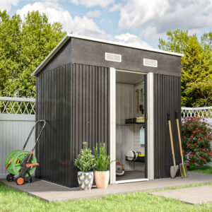 4 x 6 ft / 4 x 8 ft Steel Garden Shed with Skillion Roof Top Steel Black/Green