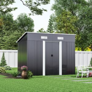 4 x 6 ft / 4 x 8 ft Steel Garden Shed with Skillion Roof Top Steel Black/Green