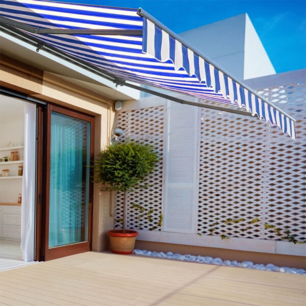 Blue and White Manual Shelter Retractable Patio Awning