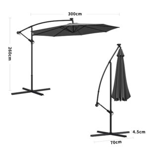 3M Cantilever Garden Parasols Dark Grey Iron Banana Umbrella with LED Lights