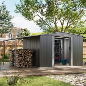 8×8ft/ 10×8ft Metal Grey Outdoor Storage Shed with Lean-to