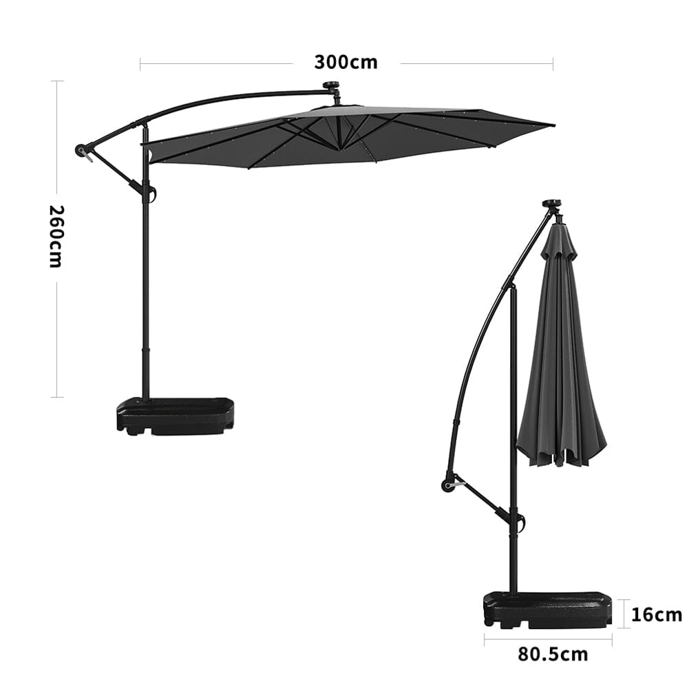 Beige/Light Grey/Dark Grey 3m Iron Banana Umbrella Cantilever Garden Parasols with LED Lights