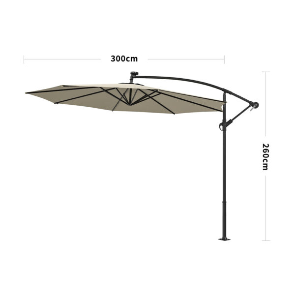 Beige/Light Grey/Dark Grey 3m Iron Banana Umbrella Cantilever Garden Parasols with LED Lights