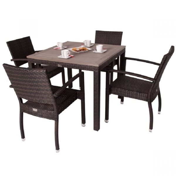 Cheney Rattan Outdoor Dining Table With 4 Arm Chairs In Black Brown