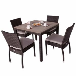 Cheney Rattan Outdoor Dining Table With 4 Side Chairs In Black Brown