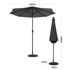 3M Garden Parasol Sun Umbrella Dark Grey Iron With Solar LED Lights